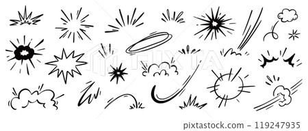 Comic cartoon boom speed effect, explosive motion line element set. Comic boom burst, explosive smoke, line speed cartoon vector icon. Hand drawn sketch doodle action effect. Vector 119247935