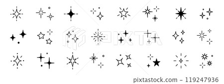 Twinkle star vector glitter bright magic light icon. Star twinkle glitter spark outline shine icon set. Hand drawn sketch doodle style. Magic light pictogram vector 119247936