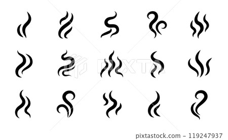 Smoke steam icon vector logo set. Smoke smell, steam aroma heat icon illustration. Hot vapor fire doodle line logo. Hit stink, coffee, fragrance flame elements. Vector Smoke steam icon vector logo set. Smoke smell, steam aroma heat icon illustration. Hot vapor fire doodle line logo. Hit stink, coffee, fragrance flame elements. Vector 119247937