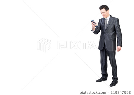 Content man in suit browsing smartphone. White background. Content man in suit browsing smartphone. White background. 119247998