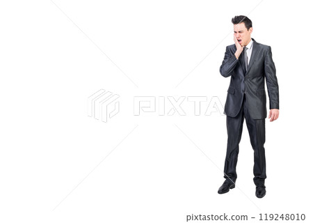 Man in suit suffering from toothache. White background. 119248010