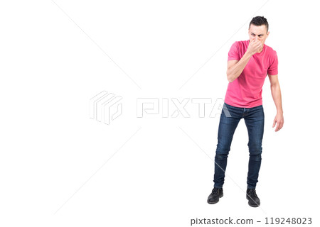 Man plugging nose from bad smell. White background Man plugging nose from bad smell. White background 119248023