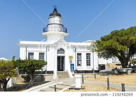 Close-up of the White Lighthouse on the hilltop of Cijin in Kaohsiung, Taiwan. Close-up of the White Lighthouse on the hilltop of Cijin in Kaohsiung, Taiwan. 119248269