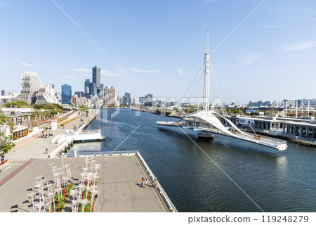View of the Dagang Bridge (Great Harbor Bridge) rotating process in the port of Kaohsiung, Taiwan. 119248279