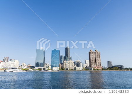 View of the modern building along the Glory Pier in the port of Kaohsiung, Taiwan. such as 85 Sky Tower and Kaohsiung Port Cruise Terminal. 119248283