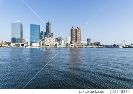 View of the modern building along the Glory Pier in the port of Kaohsiung, Taiwan. such as 85 Sky Tower and Kaohsiung Port Cruise Terminal. 119248284