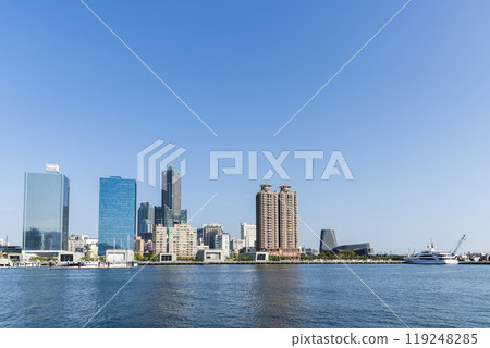View of the modern building along the Glory Pier in the port of Kaohsiung, Taiwan. such as 85 Sky Tower and Kaohsiung Port Cruise Terminal. 119248285