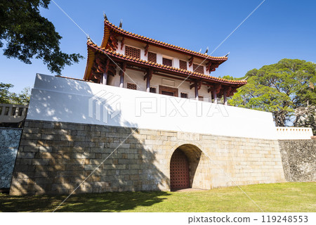 Old city wall building view of the Great South Gate in Tainan, Taiwan. it's one of Taiwan's most well-preserved city gates. Old city wall building view of the Great South Gate in Tainan, Taiwan. it's one of Taiwan's most well-preserved city gates. 119248553