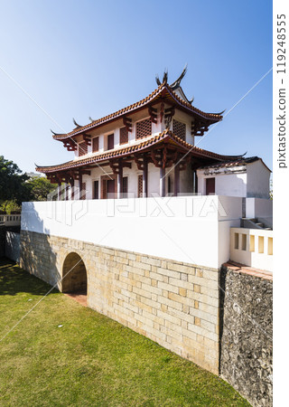 Old city wall building view of the Great South Gate in Tainan, Taiwan. it's one of Taiwan's most well-preserved city gates. Old city wall building view of the Great South Gate in Tainan, Taiwan. it's one of Taiwan's most well-preserved city gates. 119248555