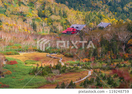 A mountain lodge surrounded by Tsugaike Pond in autumn 119248759