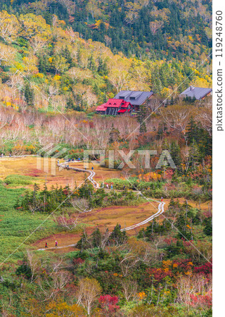 A mountain lodge surrounded by Tsugaike Pond in autumn 119248760