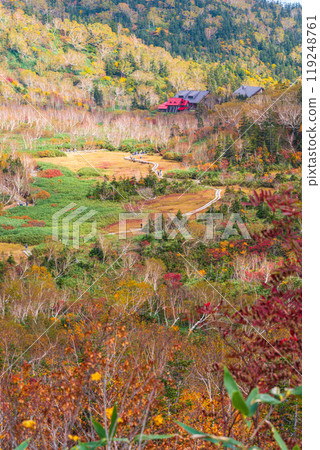 A mountain lodge surrounded by Tsugaike Pond in autumn 119248761