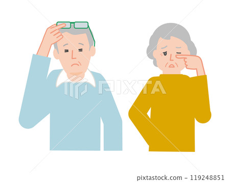 Illustration of an elderly couple suffering from presbyopia, blurred vision, and difficulty seeing 119248851