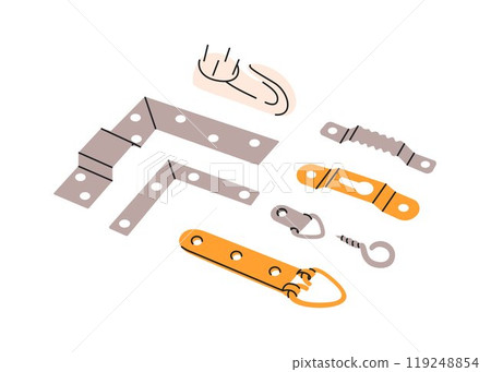 Set of picture frame hangers. Tools in framing workshop. Hidden metal fastenings, hooks in a flat style. Vector illustration Set of picture frame hangers. Tools in framing workshop. Hidden metal fastenings, hooks in a flat style. Vector illustration 119248854