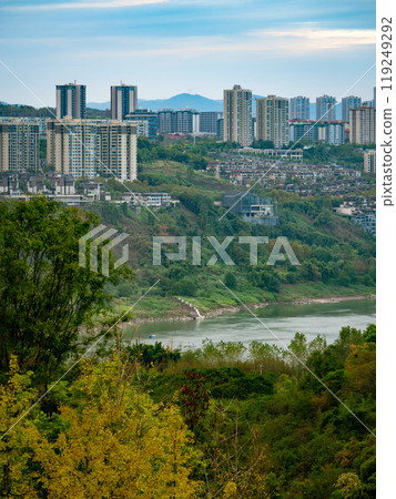 tall-rise buildings in a city hill, big river 119249292