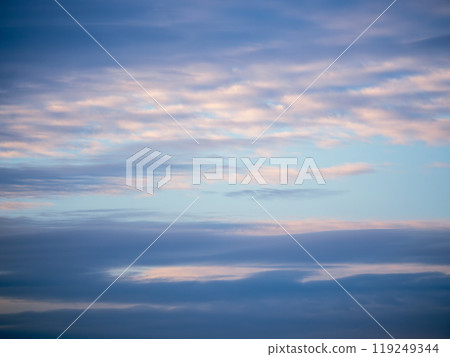 Beautiful blue evening sky with various fluffy clouds and pink orange sunset sunrise background texture Beautiful blue evening sky with various fluffy clouds and pink orange sunset sunrise background texture 119249344