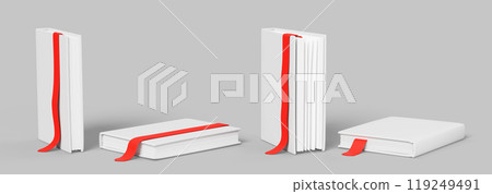 3d mockup of blank paper books with white hardcover and red ribbon bookmark. Template of closed textbook, diary or notebook for school or library. Realistic isolated render icon set. 3D illustration 3d mockup of blank paper books with white hardcover and red ribbon bookmark. Template of closed textbook, diary or notebook for school or library. Realistic isolated render icon set. 3D illustration 119249491