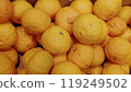 Piles of yuzu, a hotpot accompaniment, lined up at a greengrocer's shop_1639 119249502