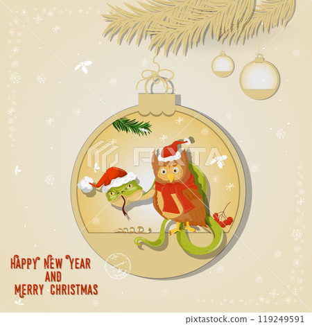 Illustration of the New Year and Christmas a snake and an owl bird in a Christmas tree ball hanging on a branch 119249591