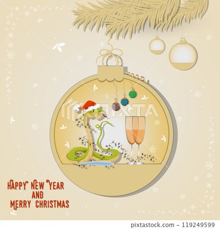 Illustration of the New Year and Christmas A snake wrapped in a garland in a Christmas tree ball hanging on a branch 119249599