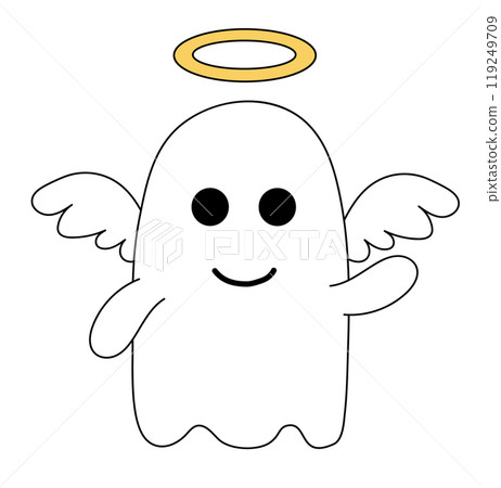 Cute Halloween ghost in costume Angel. Vector Flat Illustration. 119249709