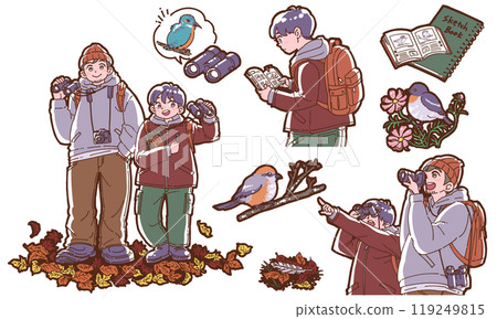 父母與孩子觀鳥插畫集 119249815
