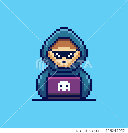 Pixel art Hacker with Laptop in Hood game asset design 119249952