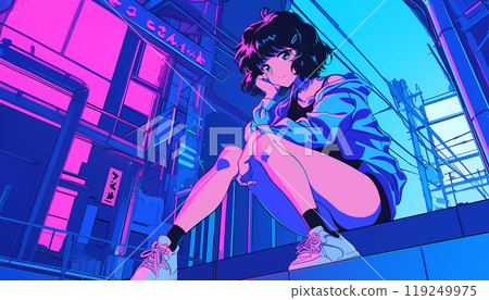 Stylish anime-style girl in the city at night 119249975