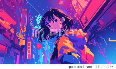 Stylish anime-style girl in the city at night 119249976