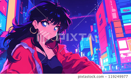 Stylish anime-style girl in the city at night 119249977
