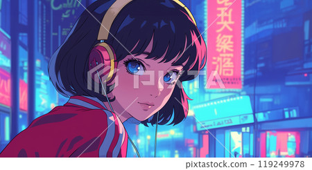 Anime-style girl listening to music with headphones AI-generated image Anime-style girl listening to music with headphones AI-generated image 119249978