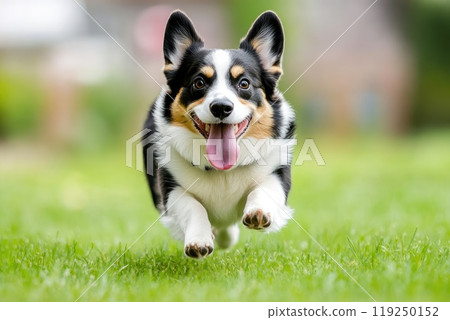 A corgi dog with tongue out running on green lawn towards the camera 119250152