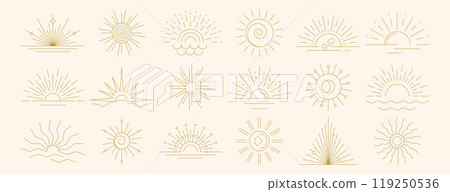 Vector linear boho sunrise logo, outline sunset symbols, sun rays and magic esoteric line icons 119250536