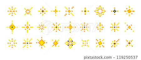 Pixel art glitter star icons, sparkles and firework bursts in 8bit retro style Pixel art glitter star icons, sparkles and firework bursts in 8bit retro style 119250537