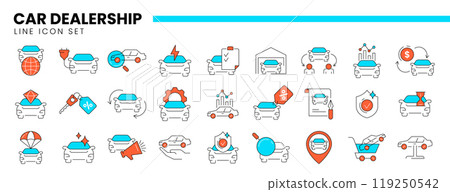 Auto dealership thin line icons, automotive industry color linear symbols Auto dealership thin line icons, automotive industry color linear symbols 119250542