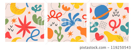 Square posters with abstract geometric shapes, freeform figures, summer objects, organic nature simple elements Square posters with abstract geometric shapes, freeform figures, summer objects, organic nature simple elements 119250543