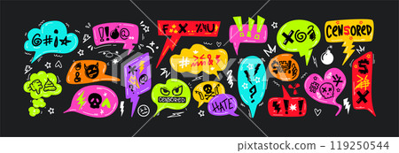Doodle bright color speech bubbles or comic explosion boxes with insults, curses, aggression swearwords 119250544