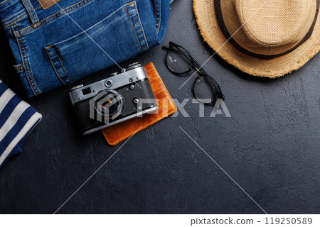 A travel items and clothes A travel items and clothes 119250589