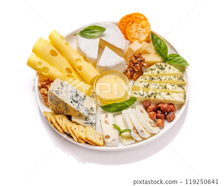 An assortment of various cheeses arranged on a plate, highlighting different textures 119250641