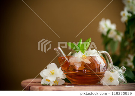 jasmine flower tea in a glass teapot jasmine flower tea in a glass teapot 119250939