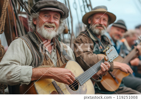 Joyful musicians performing folk songs on a historic ship during sunset 119251008