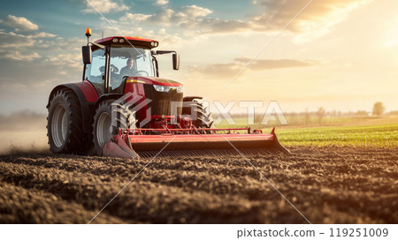 A tractor tirelessly plows a rich field under a vibrant autumn sky 119251009