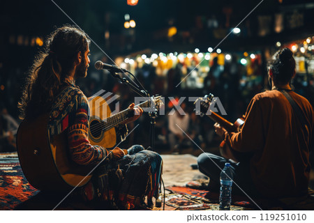 Musicians play enchanting melodies under colorful lights during a lively night 119251010