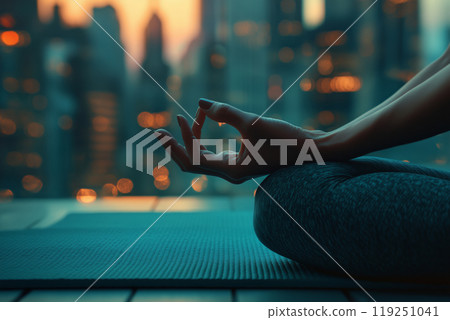 Tranquil moment of meditation at dusk with hands in a yoga pose against a glowing city skyline 119251041