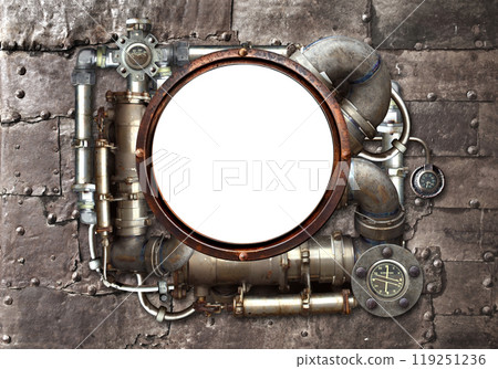 Metallic frame with vintage metal details, pipelines, gear, retro rivets. Isolated on white background. Mock up template. Copy space for text. Can be used for steampunk, industrial, mechanical design Metallic frame with vintage metal details, pipelines, gear, retro rivets. Isolated on white background. Mock up template. Copy space for text. Can be used for steampunk, industrial, mechanical design 119251236