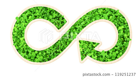Arrows recycle symbol with clover leaves. Horizontal banner with eco paper texture. Ecology, go green, Green Energy, environmental, conservation protection concept. Isolated on white background 119251237