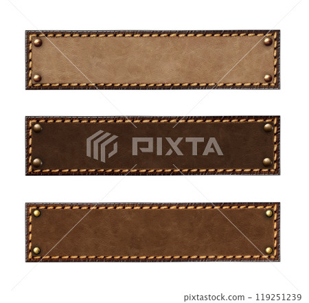Set of leather belt of brown color. Collection of leather tags with decorative borders and bronze rivets. Isolated on white background Set of leather belt of brown color. Collection of leather tags with decorative borders and bronze rivets. Isolated on white background 119251239