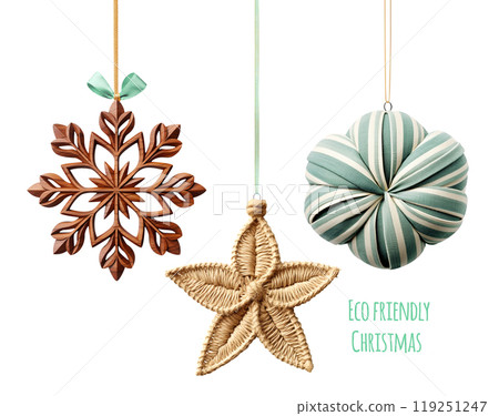 Eco friendly Christmas. Homemade Christmas ornaments made of natural biodegradable materials. Ecology, environmental conservation, zero waste concept. Isolated on white background 119251247
