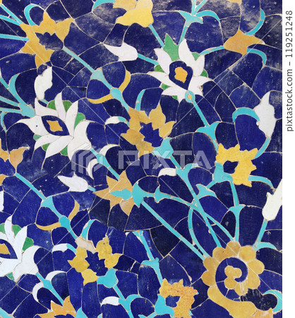 Vertical background with detail of ancient mosaic walls with floral  ornament. Traditional tile decoration on wall, Samarkand, Uzbekistan 119251248