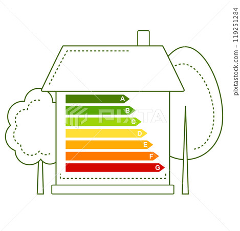 Energy efficiency chart and house symbol. Energy efficiency symbol. Energy class, bioenergetic and ecology concept. Isolated on white background. Vector illustration EPS8 Energy efficiency chart and house symbol. Energy efficiency symbol. Energy class, bioenergetic and ecology concept. Isolated on white background. Vector illustration EPS8 119251284